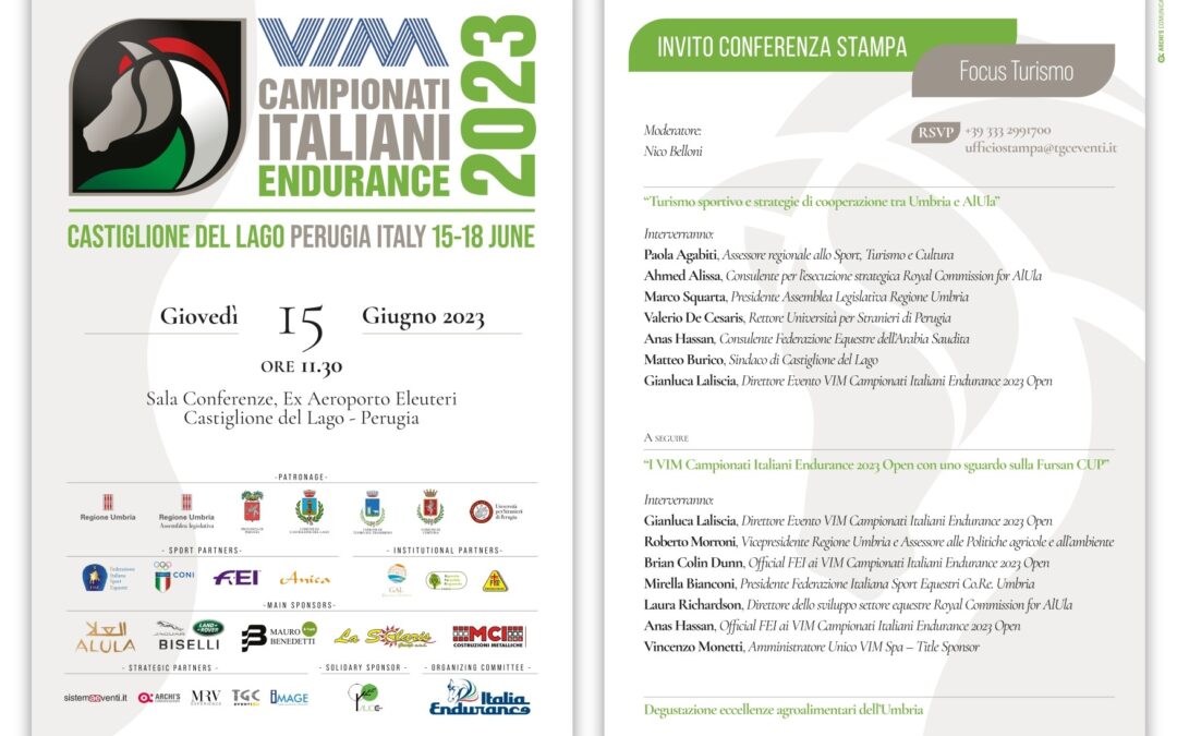 Conferenza stampa VIM Campionati Italiani Endurance Open 2023 – Castiglione del Lago (Pg) | 15 giugno ore 11.30 Sala conferenze Ex Aeroporto Eleuteri